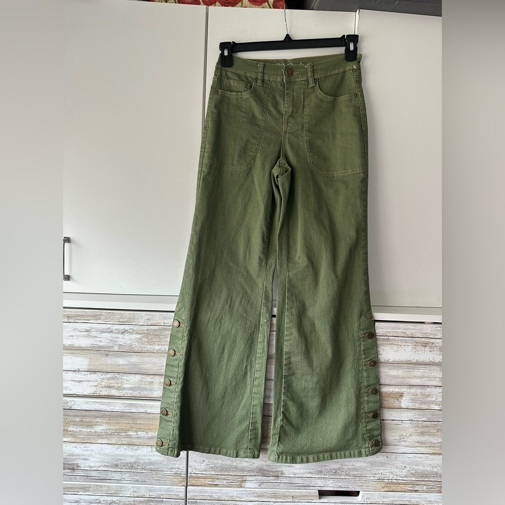 🫒 Diane Gilman DG2 Olive Green Wide Leg Snap Side Pants Size 4